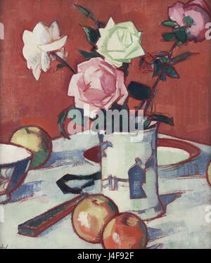 La nature morte des roses mélangées dans un vase chinois de Samuel Peploe est une peinture du début du XXe siècle. Il présente un arrangement vibrant de roses mélangées dans un vase chinois, capturant la manipulation habile de la couleur et de la forme par l'artiste. Banque D'Images
