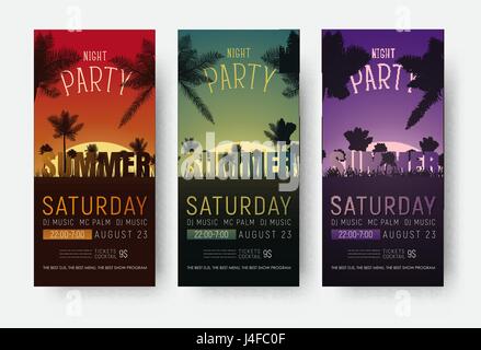 Flyer templates pour une fête d'été. Conception de bannières verticales avec une nuit de sable et palmiers au coucher du soleil. Vector illustration. Set Illustration de Vecteur