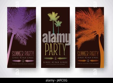 Conception de flyers minimaliste pour une fête d'été. Modèle de bannières noires verticales avec du violet, orange et vert palm. Vector illustration Illustration de Vecteur