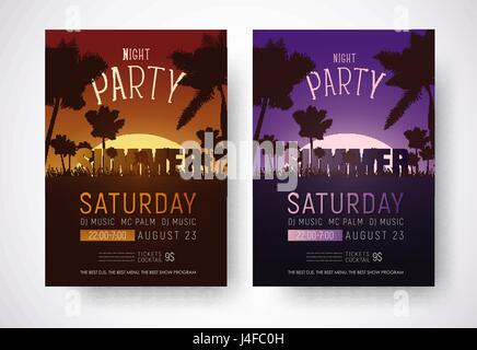 Conception des affiches pour une soirée summer party. Un modèle avec une orange et violet coucher de soleil sur la plage avec des palmiers. Vector illustration. Set Illustration de Vecteur