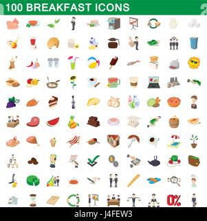 100 icons set de petit-déjeuner, style cartoon Illustration de Vecteur