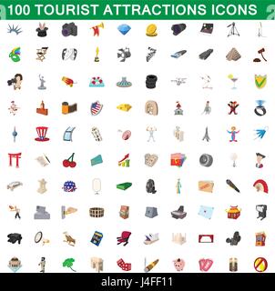 100 attractions touristiques icons set, cartoon style Illustration de Vecteur