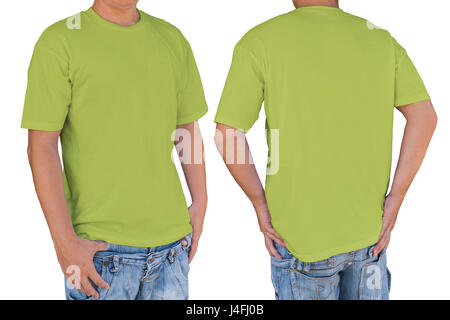 Homme portant le céleri blanc T-shirt with clipping path, vues avant et arrière. Modèle pour insérer un logo, motif, ou des œuvres d'art. Banque D'Images