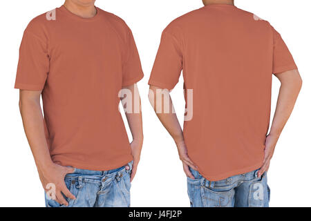 Homme portant Contessa couleur rouge t-shirt with clipping path, vues avant et arrière. Modèle pour insérer un logo, motif, ou des œuvres d'art. Banque D'Images