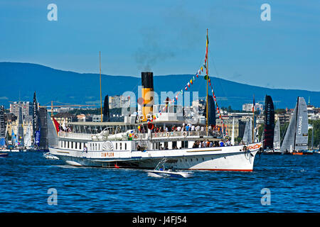 Bateau à roue à aubes Simplon sur le lac de Genève, Genève, Suisse Banque D'Images