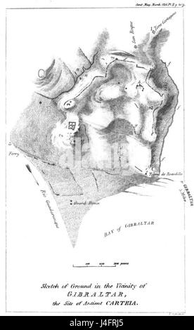 Le croquis de l'ancien site de Carteia, une importante colonie romaine située dans l'actuelle Espagne, illustre l'agencement de la ville et ses structures importantes, y compris son amphithéâtre et ses bains publics. Carteia a joué un rôle clé dans l'Hispanie romaine en tant que centre commercial et administratif. Banque D'Images