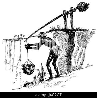 Le shaduf est un ancien appareil manuel utilisé pour soulever l'eau, originaire du proche-Orient, en particulier en Egypte. Il se compose d'un long poteau horizontal équilibré sur un support vertical, avec un seau ou un conteneur fixé à une extrémité. Il était principalement utilisé pour l'irrigation et le transfert de l'eau des rivières ou des puits aux champs. Banque D'Images