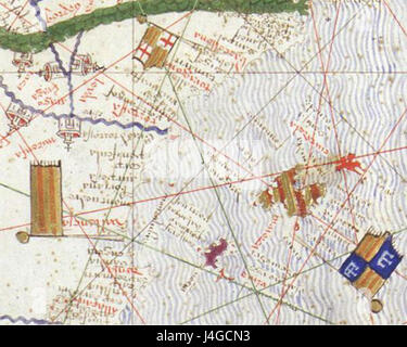 L'Atlas de Cresques* est une carte du XIVe siècle créée par Abraham Cresques, souvent considérée comme la carte catalane la plus importante de son temps. Il offre une vue globale de la Méditerranée et au-delà, soulignant la portée mondiale du commerce et de l'exploration médiévaux. Banque D'Images