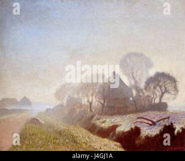 Cette peinture de Sir George Clausen, intitulée « Morning in November » (1922), représente un paysage rural anglais, capturant la lumière du petit matin et l'atmosphère sereine typique des œuvres paysagères de Clausen. Banque D'Images