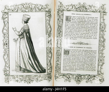 Cette peinture de Cesare Vecellio représente une mariée de Nuremberg, mettant en valeur la tenue vestimentaire détaillée et le style culturel de la période en 1860. Banque D'Images