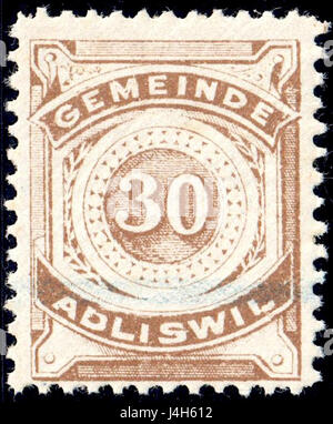 Ce titre fait référence à un timbre fiscal de 1915 de Suisse, en particulier d'Adliswil, représentant une dénomination de 30 cents. Il fait probablement partie d'un système postal ou fiscal en Suisse. Banque D'Images