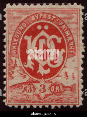 Un timbre-poste de 1884 de Ã…lesund, Norvège, représentant un dessin postal local. Le timbre présente l'histoire postale de la région et reflète les éléments de conception communs à la fin du 19ème siècle en Norvège, offrant un aperçu de ses systèmes de communication pendant cette période. Banque D'Images