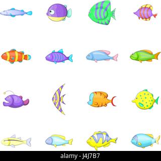 Poissons différents icons set, cartoon style Illustration de Vecteur