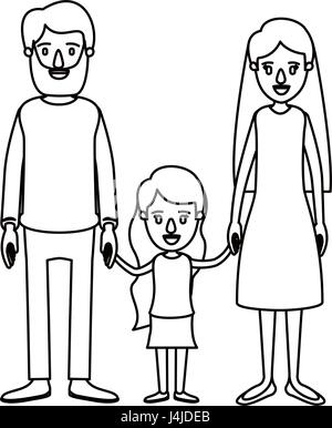 Caricature silhouette famille avec père et mère barbu aux cheveux longs avec petite fille pris mains Illustration de Vecteur