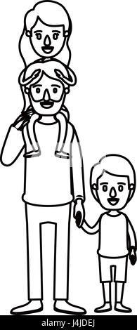 Caricature silhouette père barbu avec la fille sur son dos et le garçon pris les mains Illustration de Vecteur