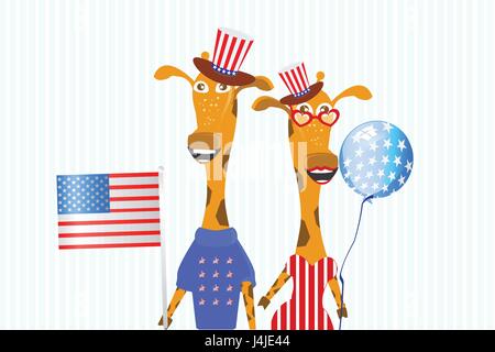 La Patriot LA FILLE ET LE GARÇON dans un chapeau et avec un drapeau. Pour l'ILLUSTRATION. Les girafes. Date de l'indépendance des États-Unis. Illustration pour votre de Illustration de Vecteur