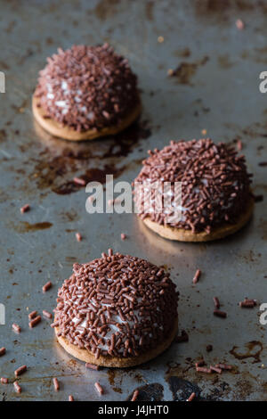 Guimauve délicieux biscuit chocolat foncé avec sprinkles Banque D'Images