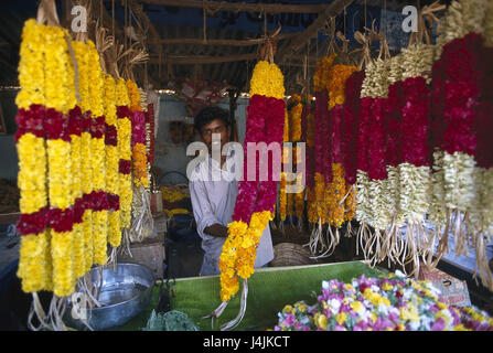 L'Inde, le Tamil Nadu, Thanjavur, marché aux fleurs, le vendeur, de guirlandes, le modèle ne libération ! L'Asie, l'Asie du Sud, de l'Hindi Bharat, Südindien, Tanjore, marché des fleurs, des ventes, de l'économie, le commerce de détail, d'Affaires indiennes, l'occupation, de vendre, de guirlandes de fleurs, fleurs, offrant des sacrifices Banque D'Images