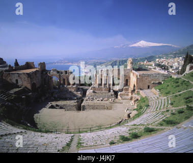 Italie, Sicile, Taormine, l'amphithéâtre, en grec, 3. 100. La Colombie-Britannique, de l'Etna l'Europe, l'Europe du Sud, Süditalien, sur la côte est, dans la province de Messine, ville, station balnéaire, point d'intérêt, Monte Tauro, ruines, ruine, Teatro Greco, le théâtre grec, le théâtre, en grec, Tauromenion de l'antiquité, le volcan, l'Etna Banque D'Images