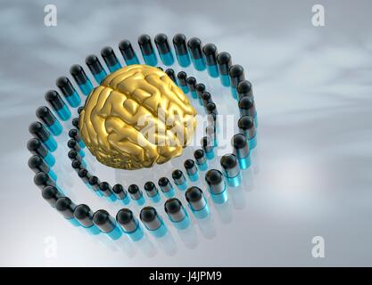 Cerveau humain et capsules, illustration. Banque D'Images