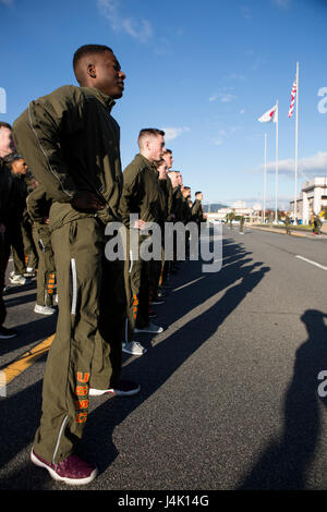 Les membres du Service à MCAS Iwakuni, au Japon, participent à une course de formation pour célébrer le 241e anniversaire du corps des Marines, promouvant la condition physique et la cohésion des unités. Banque D'Images