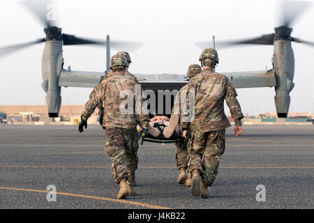 U.S. Army combat medics, avec le 86e Hôpital de soutien au combat, déplacer une victime simulée sur un MV-22 Osprey, au cours d'un exercice de formation conjointe avec les Marines du milieu marin de l'escadron à rotors basculants - 364 (VMM-364), au Camp Arifjan, au Koweït, le 8 mai 2017. (U.S. Photo de l'armée par le Sgt. Christopher Bigelow) Banque D'Images