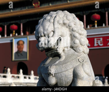 Chine, Pékin, l'espace de la paix céleste, Tian'anmen, détail, Löwen-Statue Pékin, Cité Interdite, l'objectif de la paix céleste, Tian'anmen, l'espace, la culture, Tiananmen, l'entrée du palais impérial Banque D'Images