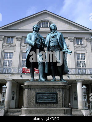 Allemagne, Thuringe, Weimar, théâtre national allemand, Goethe's shimmer monument Europe, place du théâtre, du théâtre, du théâtre, de la structure du bâtiment, l'architecture, de la culture, de l'endroit d'intérêt, monument, Johann Wolfgang von Goethe, Friedrich von Schiller, écrivain, Freeze Frame, doubles Freeze frame, sculpteur Ernst Rietschel, monument, site d'intérêt Banque D'Images