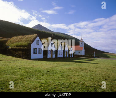 L'Islande, Akureyri, Laufas, village musée de l'Europe, l'île, l'Islande, Laufas ferme, ferme de tourbe, musée en plein air, de l'herbe ode maisons, maisons, maisons, église, église paroissiale, place d'intérêt Banque D'Images