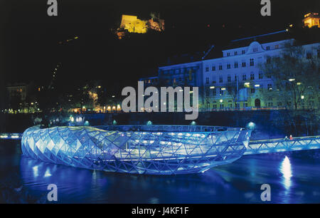 L'Autriche, Styrie, Graz, 'île dans le mur", l'éclairage, la nuit de l'Europe, ville, rivière, le mur, Mur, l'Île du-Prince-Édouard, de la structure, de la construction, de l'architecture, la place d'intérêt, de la culture, capitale culturelle Banque D'Images