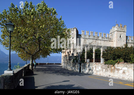 L'Italie, Gardasee, Torri del Benaco, vue locale, forteresse de Scaliger, détail l'Europe, du nord de l'Italie, Lombardie, Lago Tu Garda, un centre touristique, rue, forteresse, château, structure, construit en 1383, l'architecture, le style architectural, point d'intérêt, de la culture, de l'été Banque D'Images