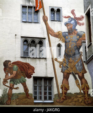 Allemagne, Bavière, Regensburg, peinture murale, fresque, David et Goliath Europa, Haut-Palatinat, ville, immeuble, Goliath's house, mur d'une maison, mur, peinture, fresque, représentation, l'histoire de la religion, la religion, l'histoire, de la culture, de l'Allgaeu Eisenstrasse, rue des empereurs et rois Banque D'Images