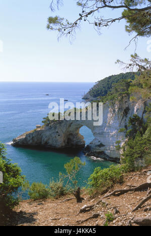 Italie, Pouilles, Gargano, Baia Tu San Felice, coast, la bile, l'Europe bow Süditalien, Vieste, près de la côte de la bile, la baie, la mer, la mer Méditerranée, Mer Adriatique, nature, rock, bow Banque D'Images