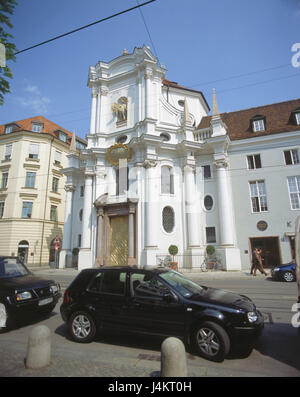 Germany, Bavaria, Munich, Parcellistrasse, Trinity Church Europe, Allemagne du Sud, Haute-Bavière, capitale de l'état, la ville, de la ville Vieille Ville / Lehel, centre-ville, l'architecture, de la construction, de l'église, de construction, d'architecture sacrée bavarois de style baroque, l'architecte Giovanni Antonio Viscardi, développeur Johann Ettenhofer et Enrico Zuccalli, construit en 1711 - en 1718, le lieu d'intérêts Banque D'Images