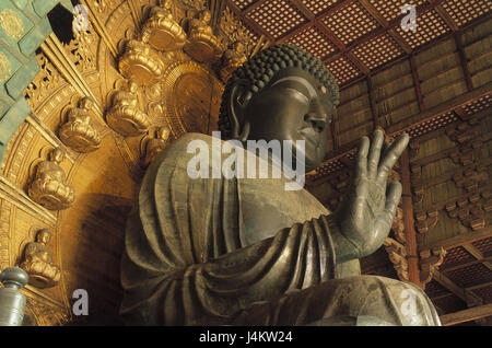 Le Japon, Nara, Temple Todaiji, détail, statue du Bouddha en Asie, Honshu, temple, la plus grande construction en bois du monde, grande salle, Bouddha, 16,2 m de haut, assis, caractère de bronze, bronze Bouddha, Bouddhisme, bouddhisme, religion, foi, l'architecture, de la culture, de l'endroit d'intérêt Banque D'Images