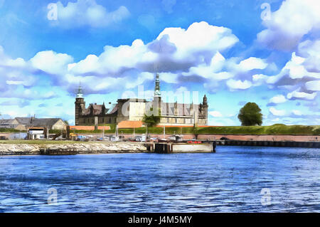 Peinture colorée de Kronborg palace (hameaux) Château d'Elseneur, Danemark Banque D'Images