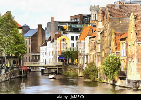 Vieille ville de peinture haute en couleur avec canal, Gand, Belgique Banque D'Images