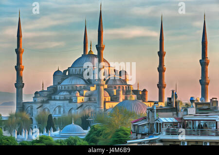 Peinture colorée de la Mosquée Bleue, Istanbul, Turquie Banque D'Images