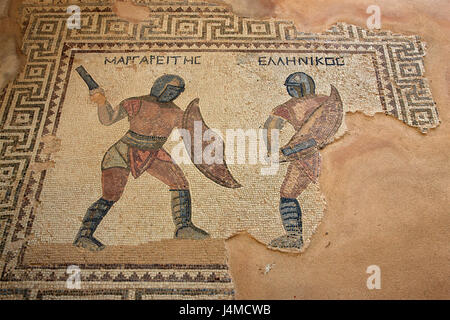 Sol de mosaïque dans la maison des gladiateurs, à Ancient Kourion, district de Lemessos (Limassol, Chypre). Banque D'Images