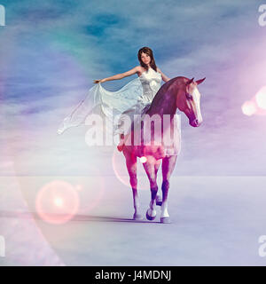 Woman wearing white dress riding horse Banque D'Images