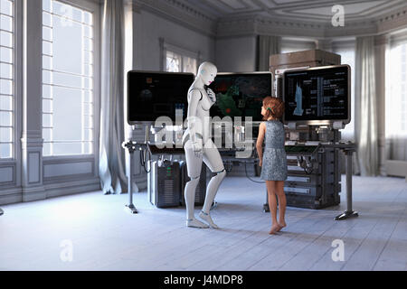 Robot Femme et fille debout près de l'informatique Banque D'Images