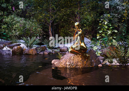 Pensive woman sitting on rock robot at river Banque D'Images