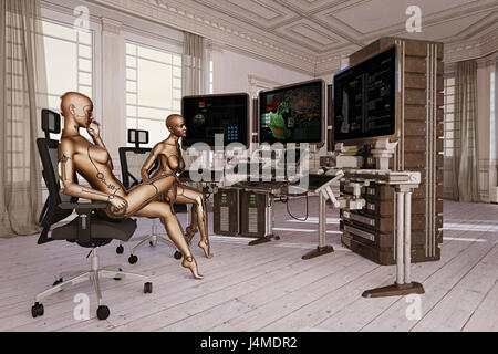 Femme regardant robots moniteurs d'ordinateur Banque D'Images
