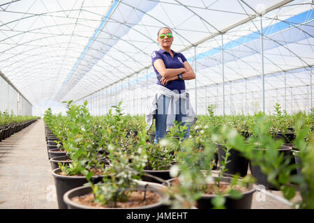 Portrait of serious Hispanic woman wearing sunglasses in greenhouse Banque D'Images