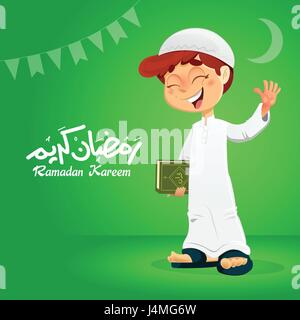 Les jeunes musulmans Happy Boy Holding Coran livre avec Main Illustration de Vecteur