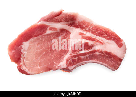 Nourriture et boissons : matières premières fraîches de viande de porc, côtelette sur une côte, isolé sur fond blanc Banque D'Images