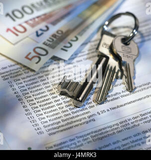 Contrat de location, les billets de banque, vivant, contrat, recherche d'un accommodement, tiret, procession, télévision modifier, louer, louer, location, télévision, clés, clés de maison, clés, louer, louer, les règles de la loi, règlement, décret, règlement règlement du contrat, contrat de location, la conclusion du contrat, les dépenses, les coûts supplémentaires, les frais de loyer, les frais d'exploitation, louer des coûts supplémentaires, des coûts supplémentaires, les frais cachés, d'argent, billets, encore, la vie, la photographie de l'objet Banque D'Images