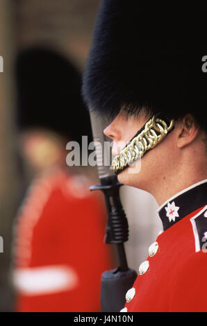 La Grande-Bretagne, l'Angleterre, Londres, St James's Palace, éveillé, soldat page portrait, gondolé, les gens, l'homme, soldat, coiffures, bonnet de fourrure, le menton, la ceinture, les militaires de la garde, l'uniforme, Garde côtière canadienne, bonnet de fourrure, l'arme, au sérieux, au garde, palace guard, Banque D'Images