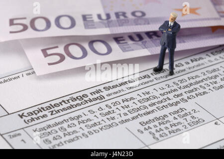 Forme, déclaration de revenus, à volants, volant à rendement en capital, caractère, billets de banque, icône, impôts, conseil du trésor, le capital, l'investissement, l'investissement, pièce en euro, monnaie, argent, billets, modèle, caractère, volant de forme, Ventes, inscriptions, déclaration de revenus, le revenu, les rendements du capital, Banque D'Images