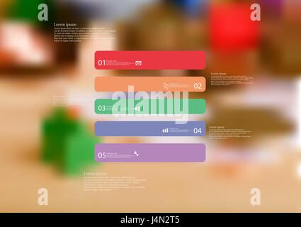 Illustration infographie modèle avec motif de rectangle divisé horizontalement à cinq sections autonomes couleur avec simple signe, le nombre et l'échantillon t Illustration de Vecteur